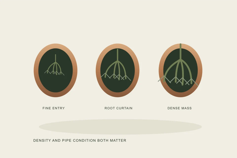 Conceptual illustration of three pipe openings with progressively denser root growth