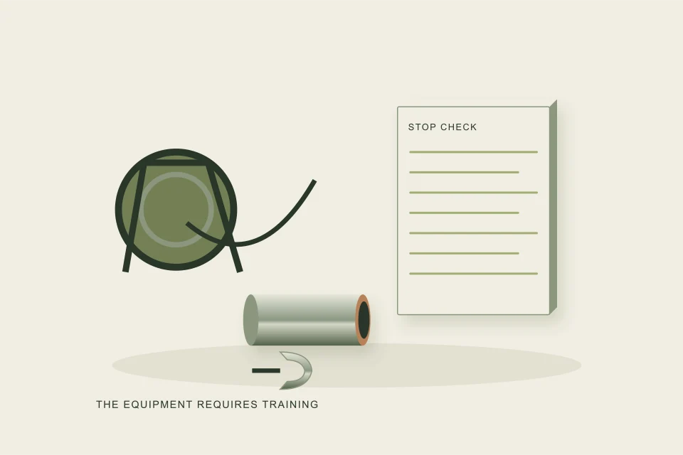 Conceptual illustration of powered equipment at a cleanout beside stop-risk notes