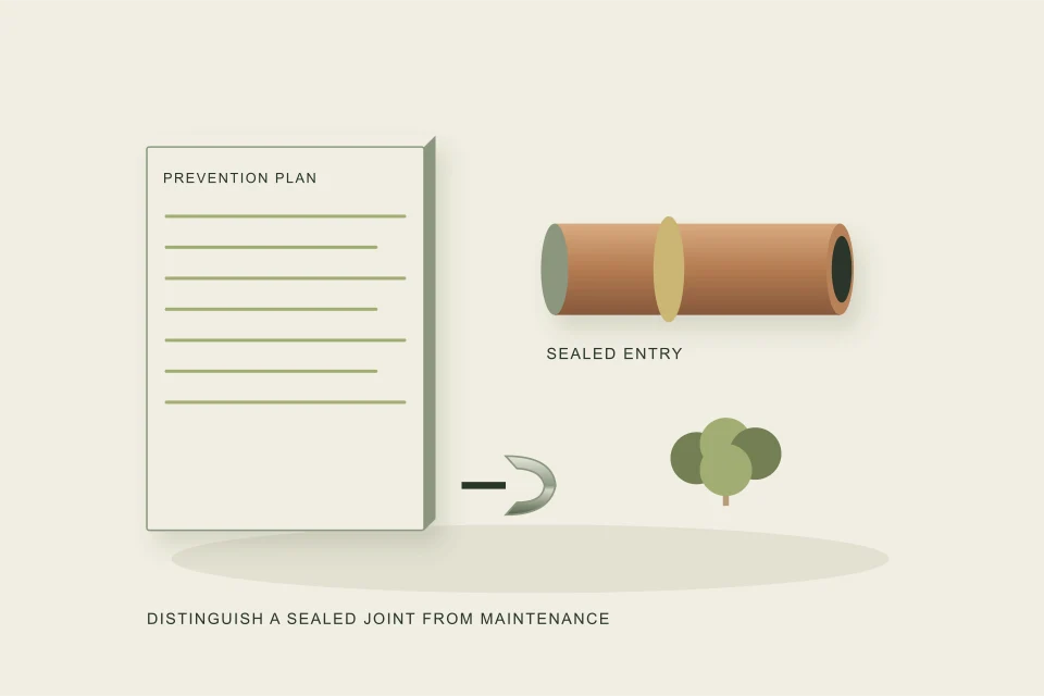 Conceptual illustration of repair-first decision board with a sealed joint specimen