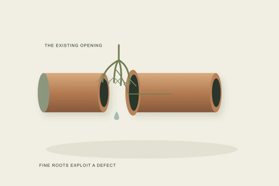 Conceptual illustration of exploded leaking clay bell with fine feeder-root entry