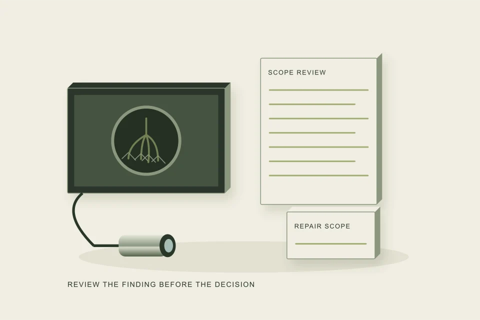 Conceptual illustration of camera findings and repair scopes on a review desk