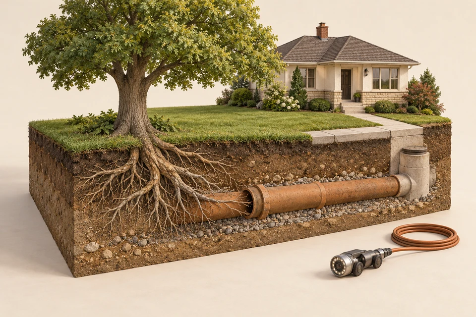 Original architectural landscape cutaway with a mature tree, bungalow, exposed terracotta sewer and fine roots at an open joint, with an inspection camera in the foreground
